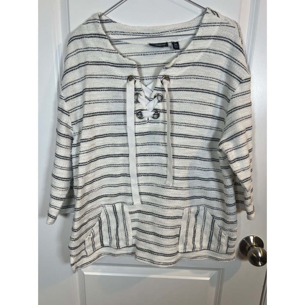 Onque Casual Womens Knit Top Lace Up Striped Pockets White Navy Blue Size XL‎